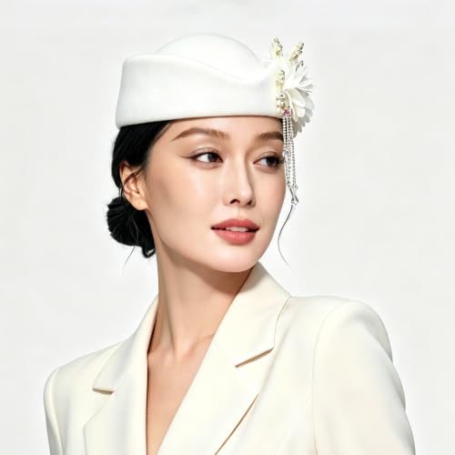 Women's Retro British Felt Headscarf Hat Church Derby Headdress with Floral Women's Soft Beret - color: 02 White