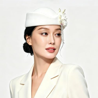 Women's Retro British Felt Headscarf Hat Church Derby Headdress with Floral Women's Soft Beret - color: 02 White