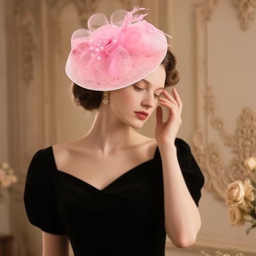 DRESHOW Fascinators Hat Flower Mesh Feathers Hat with a Headband and a Clip 7.9" Tea Party Headwear for Women - color: Folded Style 2: Pastel Pink / 7.9"