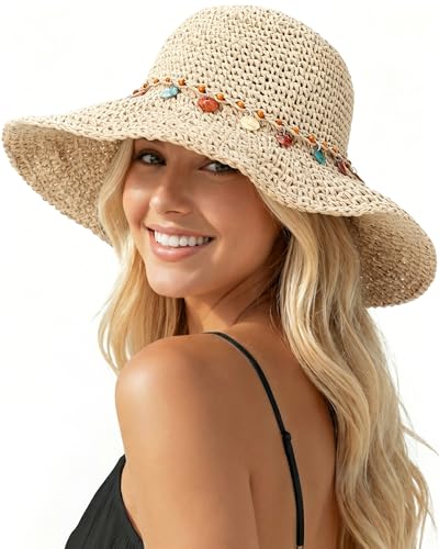 Beach Sun Hats for Women, Wide Brim Straw Hat, UPF 50+ UV Protection - color: Beige - Shell