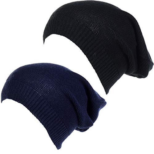 an Unisex Striped Knit Slouchy Beanie Hat Lightweight Soft Fashion Cap - color: 5014-2pk-navy