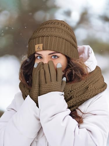 LOROME Winter Beanie Hat Scarf Gloves, Warm Fleece Knit Neck Scarf Set Gift - color: Khaki