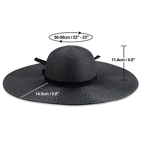 Women Wide Brim Sun Hat UPF50 Straw Summer Hat Floppy Beach Hat Roll-Up - color: Tie Black