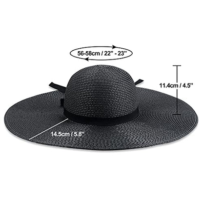 Women Wide Brim Sun Hat UPF50 Straw Summer Hat Floppy Beach Hat Roll-Up - color: Tie Black