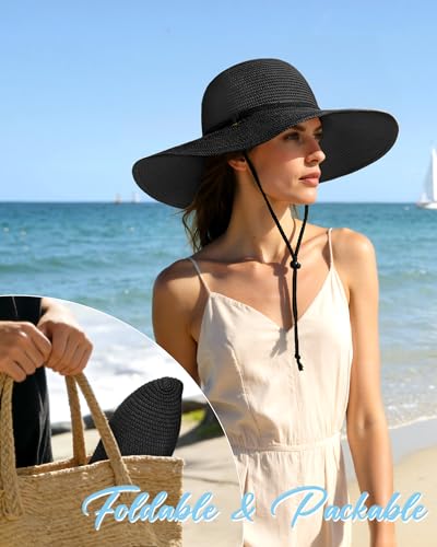 Sun Hats for Women, Summer Wide Brim Straw Beach Hat - color: Black, size: X-Large
