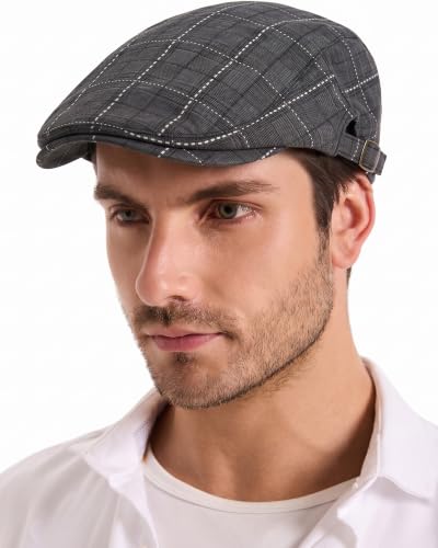 ZLYC Men Cotton Flat Cap Summer Scally Newsboy Beret Driver Hat - color: Plaid Black