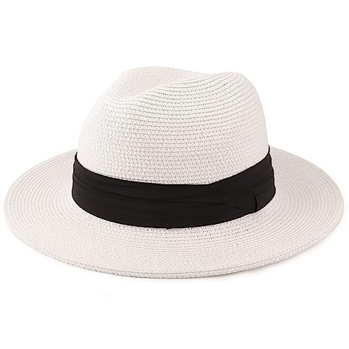 AQOKKA Summer Straw Fedora Hat for Women Men Travel Panama Hat with Wide Brim Roll Up Sun Hat for Beach Outdoor UPF 50+ - color: 1 Pack: White