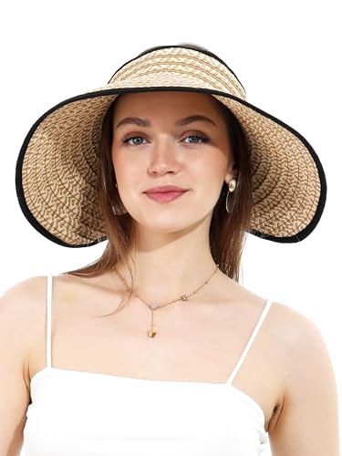 sy soul young Women's Straw Hat with Ponytail Hole Wide Brim Visor Sunhat - color: Black & Beige