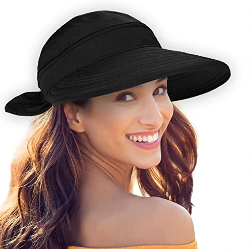 Womens Large Brim Sun Hat Uv Protection 2 in 1 Zip-Off Sun Protection Visor Beach Hat Packbale Foldable - color: Black