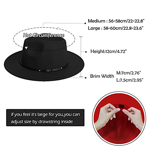 jingsha Fedora Hats for Men & Women Wide Brim Fedora Felt Panama Hat Men's Dress Hats with Belt Buckle - color: Black-red(inside), size: Large