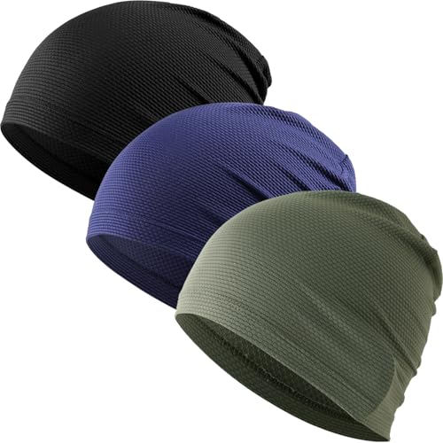 WTACTFUL 3-Pack Breathable Cooling Skull Cap for Men Women Thin Beanie - color: Black+blue+deep Green