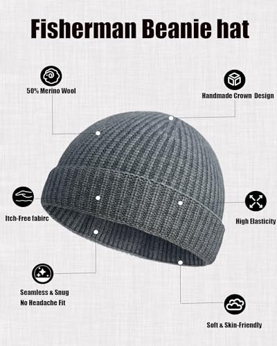 Thin Fisherman Knit Beanie Hat for Men Women Wool Cuffed Skull Caps - color: 1 Light Heather Grey