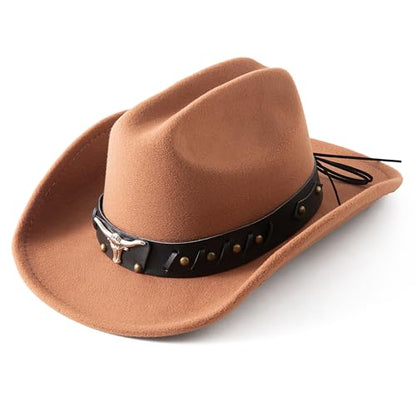 Lanzom Cowboy Hat for Women and Men with Shapeable Wide Brim Felt Western Hats for Cowboys and Cowgirls - color: Khaki