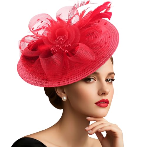 DRESHOW Fascinators Hat Flower Mesh Feathers Hat with a Headband and a Clip 7.9" Tea Party Headwear for Women - color: 1 Pack Folded Style 2: Red / 7.9"