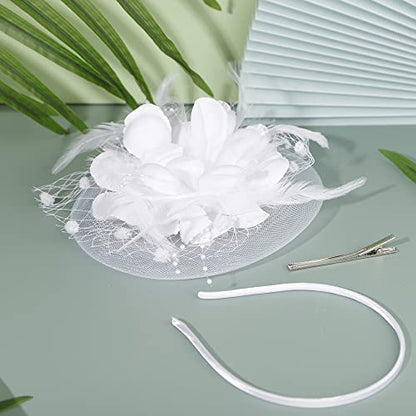 JWICOS Fascinators Hat for Women 50s Flower Hat with Veil Cocktail Wedding Tea Party Church Derby Hat - color: White