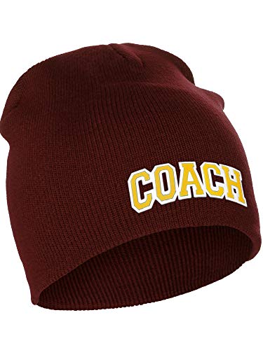 I&W Sports Team Coach Arch Letters Winter Knit Cuffless Beanie 3D Raised Layers - color: Burgundy Beanie White Gold