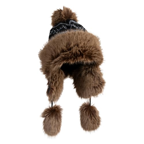 Cross Stitch Knit Fleece Lined Faux Fur Trapper Beanie Hat with String - color: Black