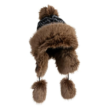 Cross Stitch Knit Fleece Lined Faux Fur Trapper Beanie Hat with String - color: Black