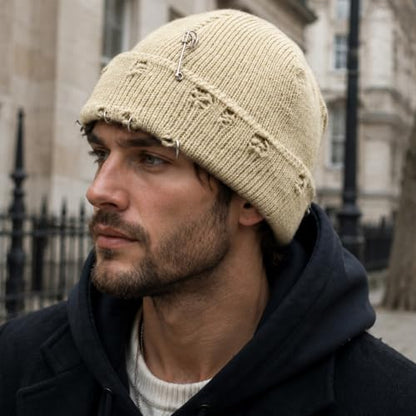 Distressed Ring Beanie Hat for Women Men Slouchy Skull Cap - color: Beige