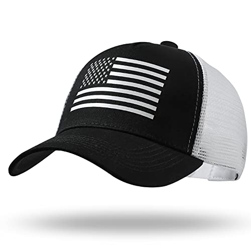 American Flag Trucker Hat - Snapback Hat, Baseball Cap for Men Women - Breathable Mesh Side, Adjustable Fit - for Casual Wear - color: Black/White