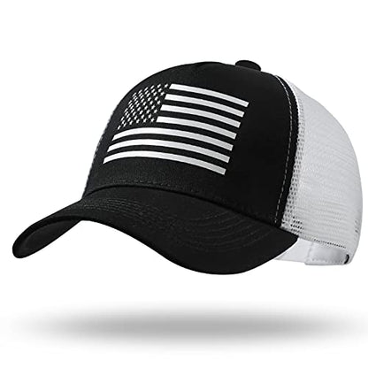 American Flag Trucker Hat - Snapback Hat, Baseball Cap for Men Women - Breathable Mesh Side, Adjustable Fit - for Casual Wear - color: Black/White