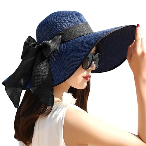 AQOKKA Beach Hats for Women Men Big Straw Wide Brim Summer Hat Floppy Foldable Roll up Cap for Beach Outdoor UPF 50+ - color: 1 Pack: Bow Knot Navy