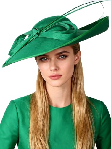 Big Wide Brim Fascinator Hats for Women Ladies Kentucky Tea Party Dress Flat Top Fedoras Hat with Bow Feather - color: Green 1