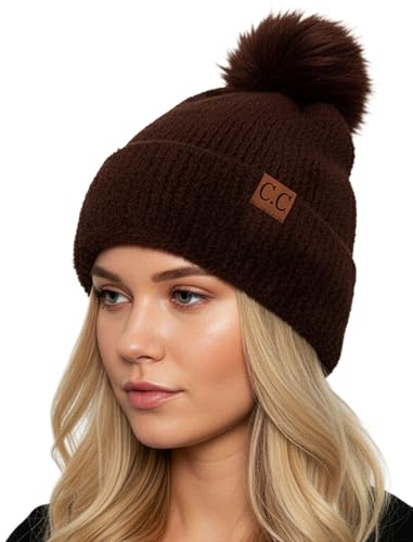 Funky Junque Beanie for Women Ultra Soft Chenille Faux Fur Pom Pom Winter Hats Warm Ski Cap Fashion - color: Terry Chenille - Brown