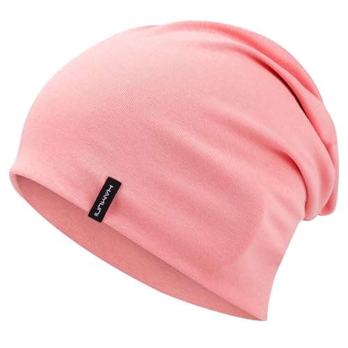 HAMUNI Slouchy Beanie for Women Men Soft Cotton Chemo Hats Double-Layer Warm Beanie Cap for Daily Wear & Transitional Seasons - color: Peach Pink