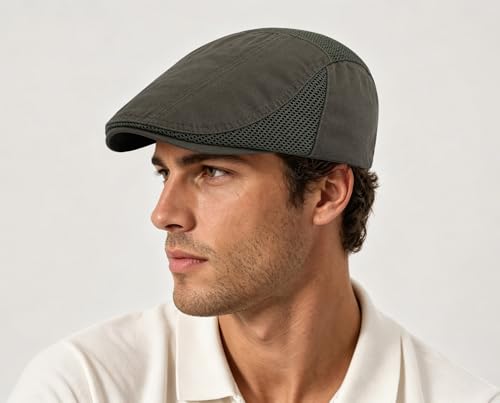DIYDECAL Mens Cotton Mesh Newsboy Cap Flat Ivy Gatsby Hat Summer Driving Cabbie Cap - color: Dark Green