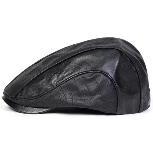 Newsboy Cap for Men, Flat Cap, PU Leather Hat - color: Spliced| Black