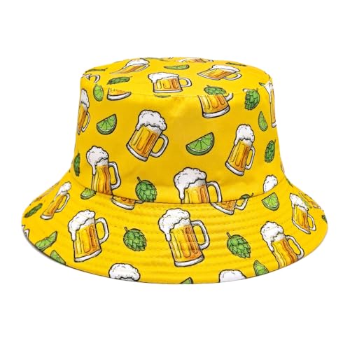 Quanhaigou Bucket Hat for Men Women,Packable Reversible Printed Sun Hats,Fisherman Outdoor Summer Travel Hiking Beach Caps - color: Beer Hop