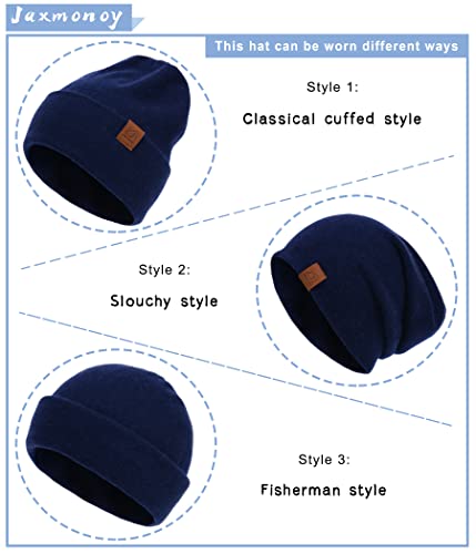 jaxmonoy Slouchy Knit Beanies Winter Hats for Women Men Soft Warm Reversible Slouch Cuffed Skull Knitted Beanie Cap - color: Navy
