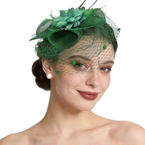 Semato Fascinators Hats for Women Mesh Feathers Elegant Green Tea Party Kentucky Hat Derby Headband with Hair Clip - color: Green