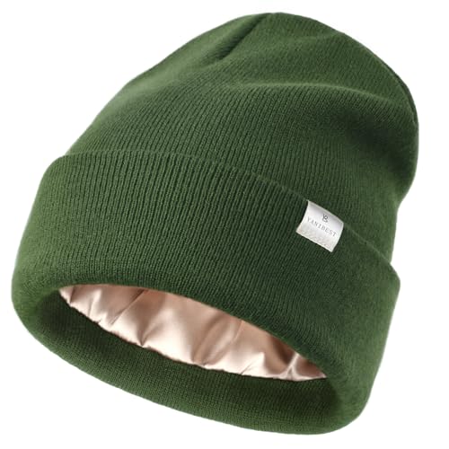 YANIBEST Satin Lined Beanie for Women, Reduce Frizz Winter Hats - color: Slate Green