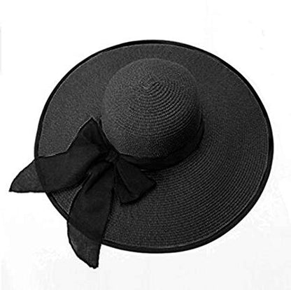 Lanzom Womens 5.7 Inches Big Bowknot Straw Hat Large Floppy Foldable Roll up Beach Cap Sun Hat UPF 50+ - color: Black