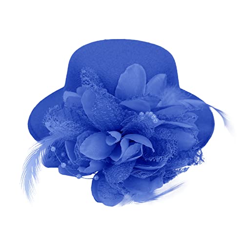 Song Qing Flower Decor Hair Clip Feather Fascinator Burlesque Mini Top Hat for Women Lady - color: Royal Blue