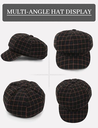 FEOYA Women Newsboy Hat Plaid Cabbie Caps Cotton Casual Stylish Beret Cap Paperboy Hats - color: Plaid-black