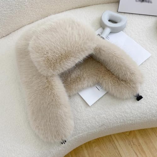 Women's Fluffy Trapper Hat, Long Pile Faux Fur Ushanka hat with Buckle, Luxurious Mink-Style Winter Warm Hat - color: Light Khaki