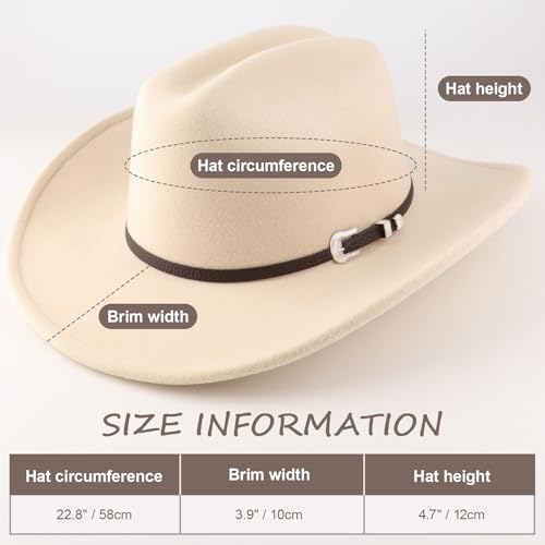 AQOKKA Western Cowboy Hats for Women Classic Felt Wide Brim Fedora Hat with Belt Buckle Retro Panama Hat Unisex Rolled up Cap - color: 1 Pc Fedora Hat a : Beige a