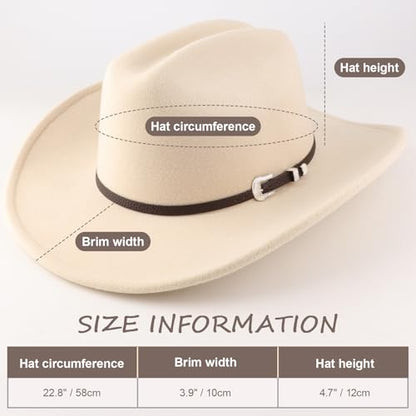 AQOKKA Western Cowboy Hats for Women Classic Felt Wide Brim Fedora Hat with Belt Buckle Retro Panama Hat Unisex Rolled up Cap - color: 1 Pc Fedora Hat a : Beige a