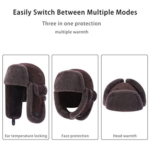Harssidanzar Aviator Hat for Men Women Genuine Sheepskin Shearling Leather Winter Warm Trapper Hat CU603US - color: Brown, size: Large