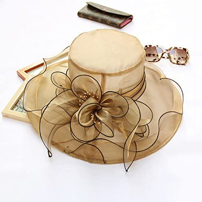 Women's Kentucky Derby Church Dress Hat Wide Brim Leaf Flower Bridal Shower Hat - color: H5 Gold
