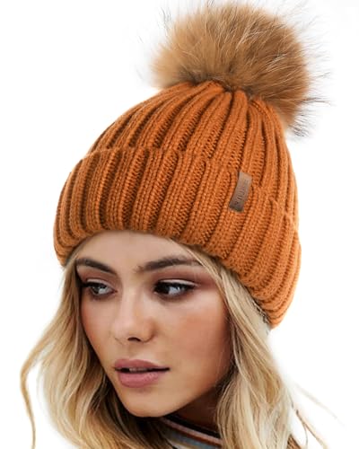 FURTALK Womens Winter Knitted Beanie Hat with Faux Fur Pom Warm Knit Skull Cap Beanie for Women - color: Caramel