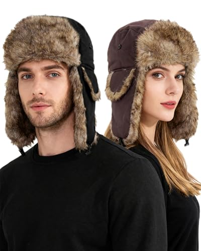 Chicingyou Trapper Hat for Man Women Warm Windproof Waterproof Russian Ushanka Hat Faux Fur Snow Ski Cap with Ear Flap - color: Black, Brown