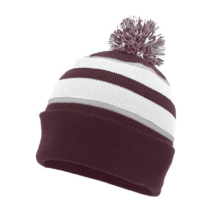 Pacific Headwear Unisex Adult Pacific Headwear Knit Fold Over Pom-pom Beanie - color: Maroon/White/Silver, size: One Size