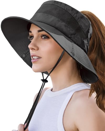 EW EastWater Beach Sun Bucket Hats for Women,UV Protection High Ponytail Hole UPF 50+ Waterproof for Hiking Safari Fishing - color: Black