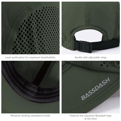 BASSDASH UPF 50+ Fishing Hat, Baseball Cap with Removable Neck Flap - color: Army Green With Foldable Brim