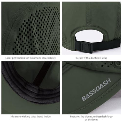 BASSDASH UPF 50+ Fishing Hat, Baseball Cap with Removable Neck Flap - color: Army Green With Foldable Brim