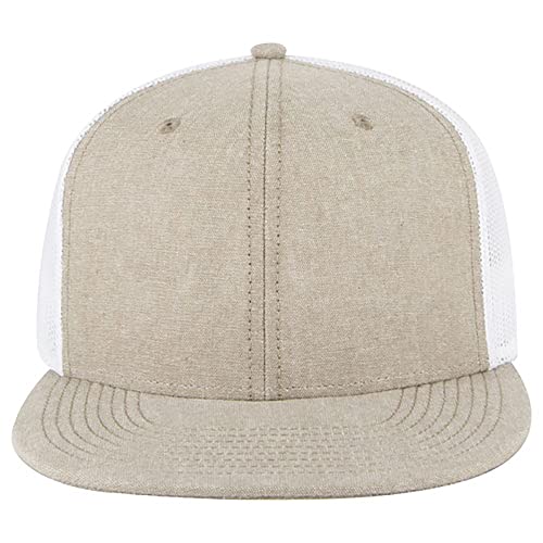 Ashen Fane 6 Panel Mid Profile Mesh Back Structured Trucker Adjustable Snapback Hat - color: Chambray Khaki/White